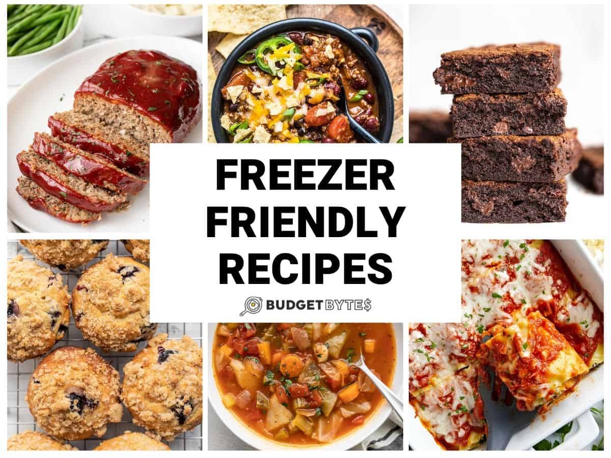 Healthy and budget-friendly homemade meals including pasta, vegetables, and fresh herbs